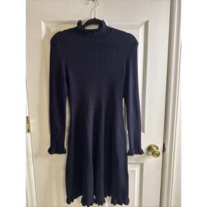 ELIZA J Navy Blue Ruffle Mock Neck Ribbed Knit Flare Skirt Sweater Dress M